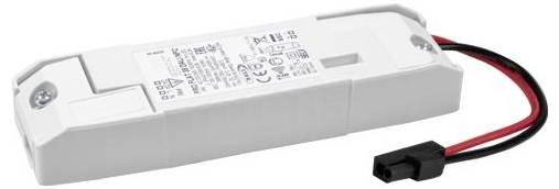 Rechteckiger weißer LED-Treiber mit schwarzen und roten Drähten und Stecker, mit verschiedenen gedruckten Spezifikationen auf seiner Oberfläche.