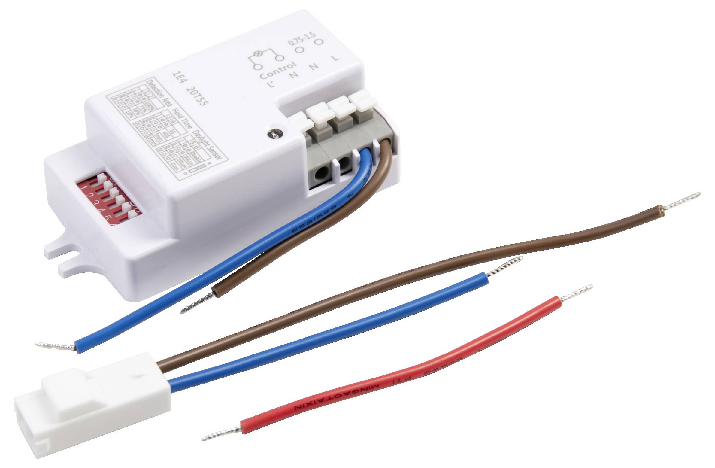 Ein kompaktes elektronisches Steuergerät mit vier angeschlossenen elektrischen Drähten in Braun, Rot und Blau.