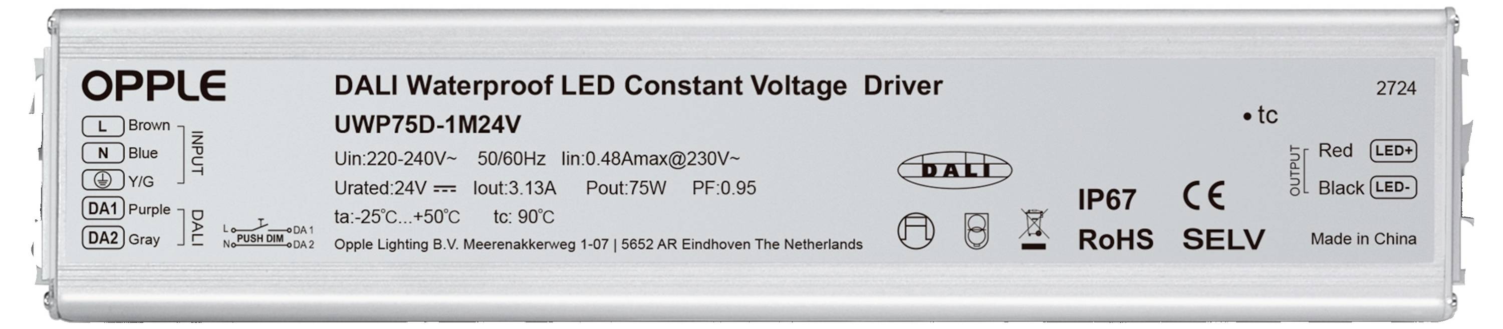 DALI-kompatibles wasserdichtes LED-Konstantspannungs-Netzteil, Modell UWP75D-M12V4, IP67, RoHS, SELV, 220-240V, 75W, hergestellt in China.