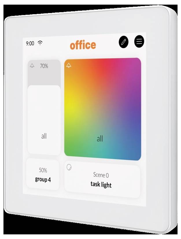 An der Wand montierter Touchscreen zur Anzeige eines Farbrades zum Anpassen der Bürobeleuchtungseinstellungen, einschließlich Helligkeit und Szenariooptionen.