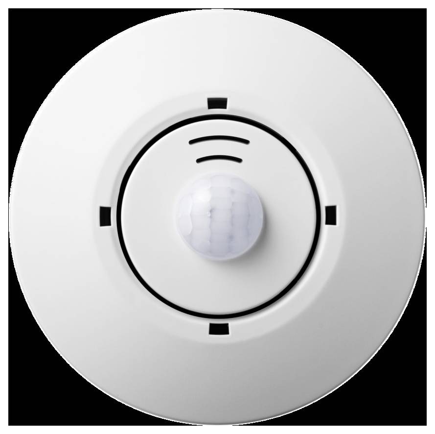 Ein weißer deckengestützter Bewegungsmelder mit einer zentralen Kuppel und Erkennungslüftungen.