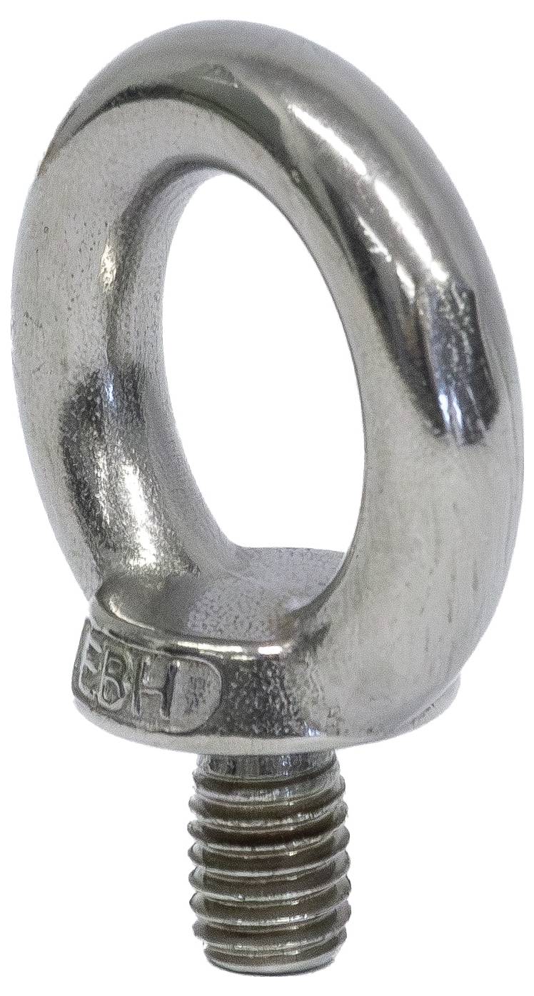 Ein Metallaugenschraube mit einer kreisförmigen Öse und Gewindeschaft, verwendet zum Heben und Sichern schwerer Lasten.