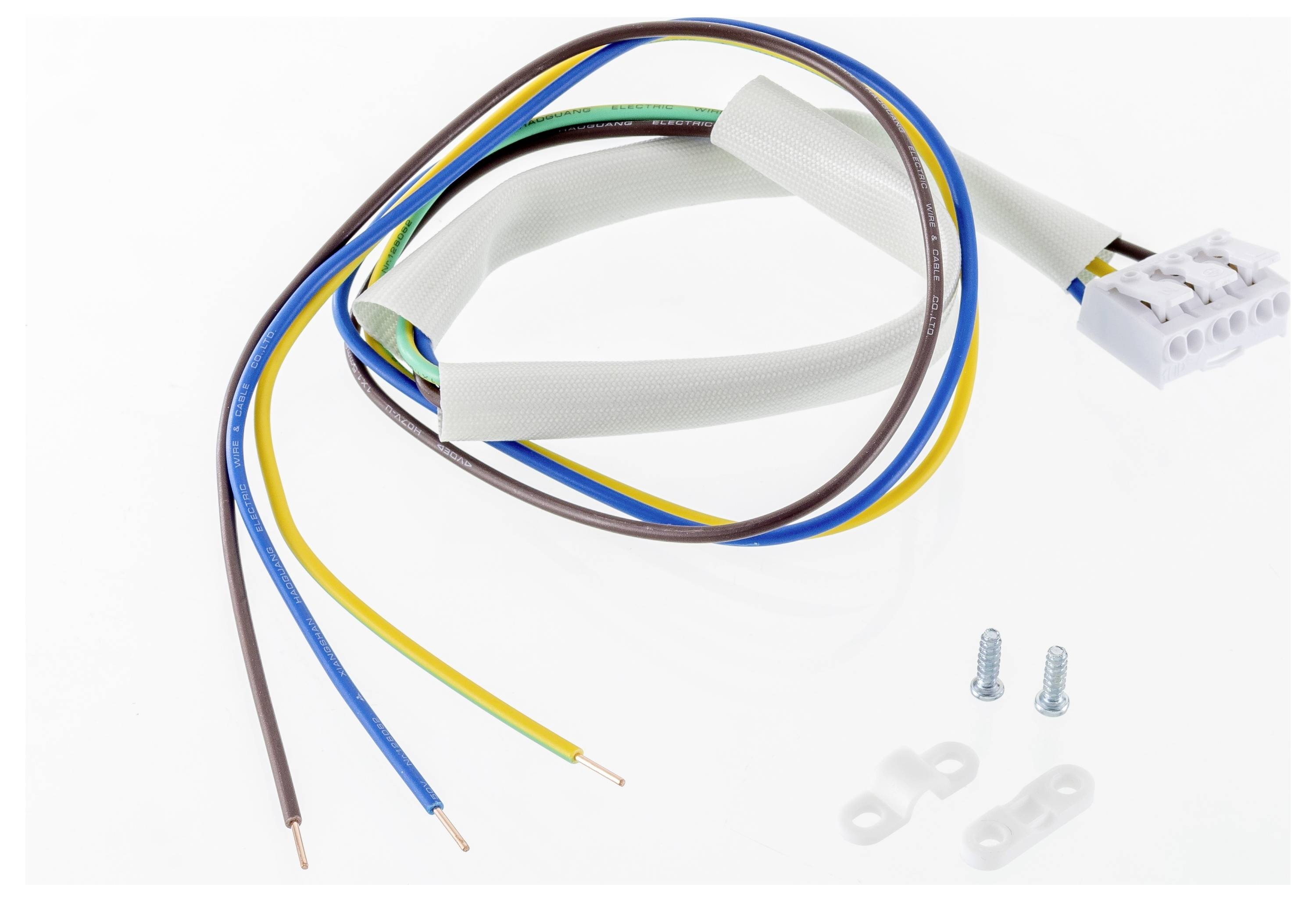 Ein mehrfarbiges Elektrokabelbaum mit einem Kunststoffstecker und zwei Schrauben in der Nähe, verwendet zum Verbinden von elektrischen Komponenten.