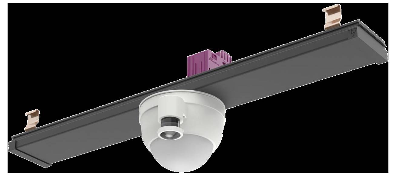 Eine elegante, moderne Deckenleuchte mit einer kuppelförmigen Form und einer dunklen Basis, ausgestattet mit Kupferclips und einer violetten Komponente oben.