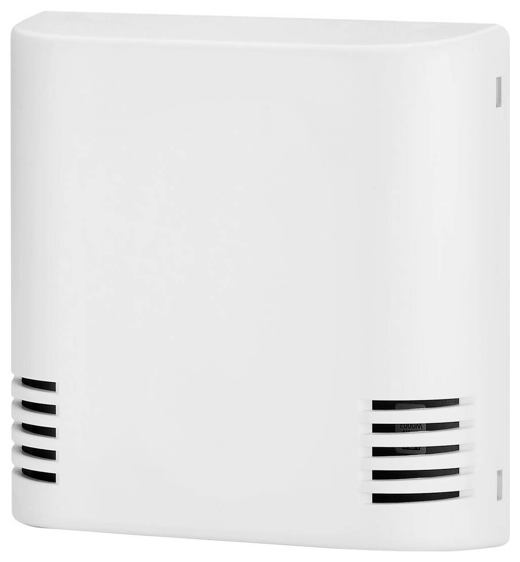 Ein weißer rechteckiger Rauchmelder mit Belüftungsschlitzen an der Seite, an einer weißen Wand montiert.