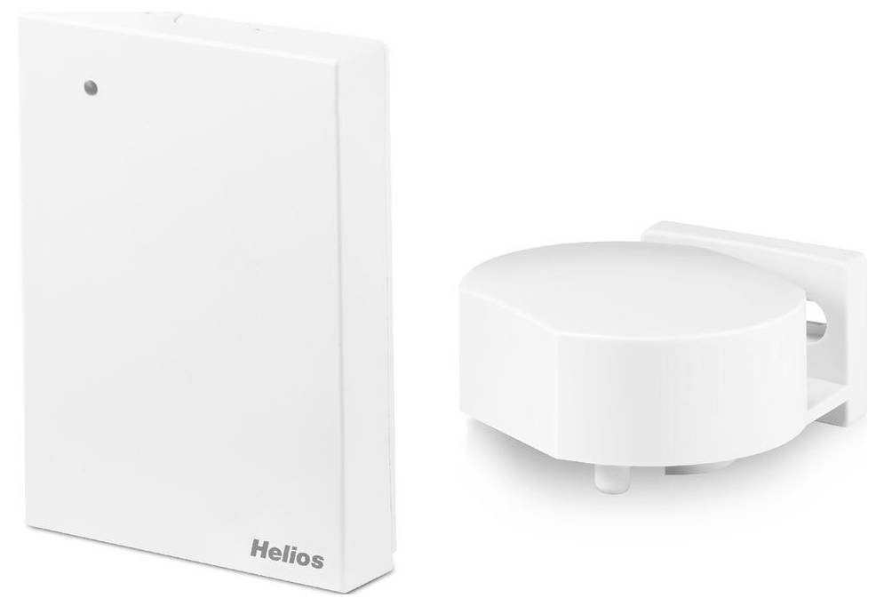 Weißes rechteckiges Helios-Gerät neben einem runden, wandmontierten Sensor. Beide Geräte haben minimalistische Designs.