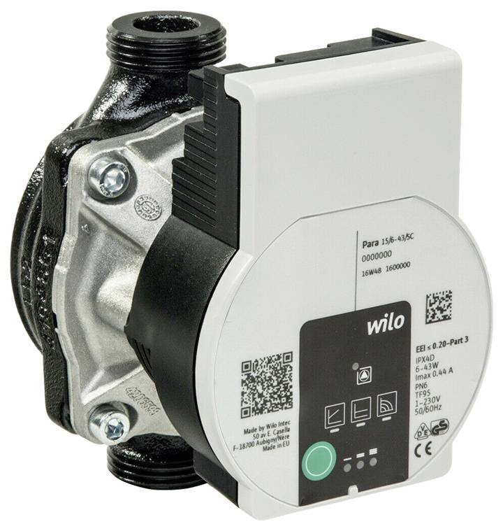 'Wilo 25/6-43/SC Pumpe' mit Produktdetails: Energieeffizienzklasse, maximaler Druck 10 bar, 50/60 Hz. Geeignet für Heizungssysteme.