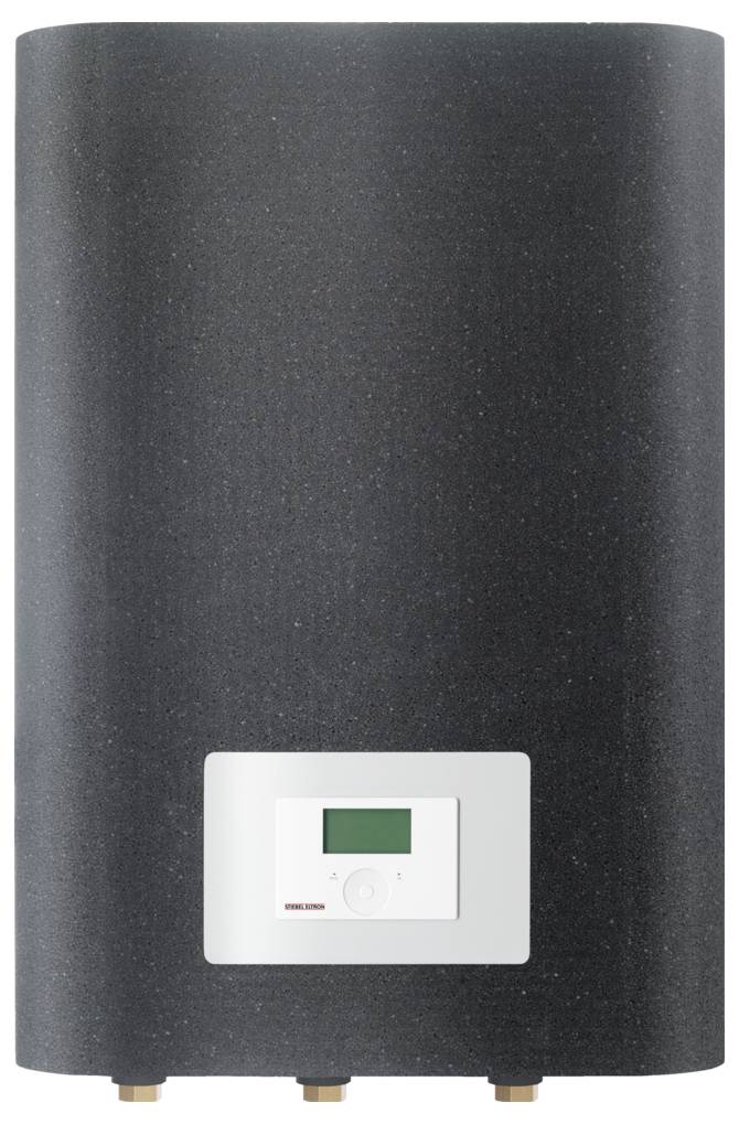 Ein großer schwarzer Warmwasserspeicher mit einem digitalen Bedienfeld auf weißem Hintergrund, mit einem kleinen Bildschirm und Tasten für die Bedienung.