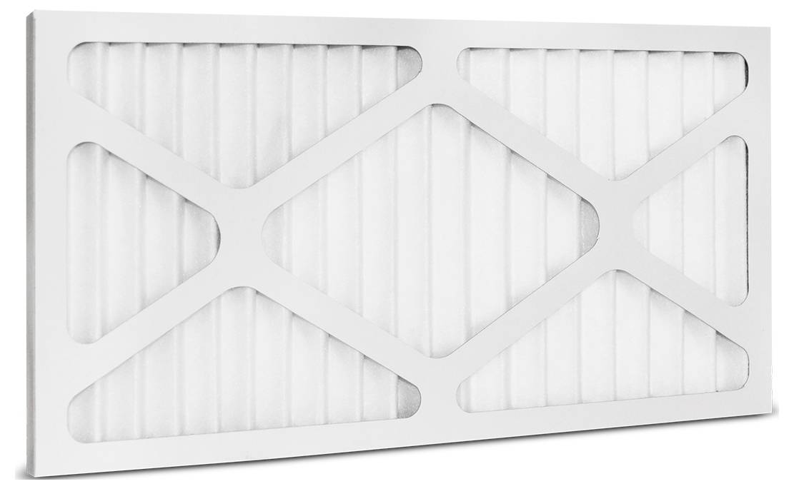 Weißer rechteckiger Luftfilter mit Kreuzverstrebungsdesign und sichtbarem Plissee-Stoff, verwendet zur Luftreinigung in HVAC-Systemen.