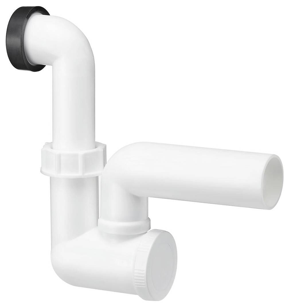 Ein weißer Kunststoff-Siphon mit gebogener, segmentierter Konstruktion zum Verbinden von Rohren, wird häufig in Spüleninstallationen verwendet, um Verstopfungen und Gerüche zu vermeiden.