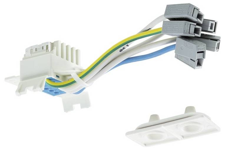 Elektrischer Steckverbinder mit mehrfarbigen Drähten und Anschlüssen, mit weißer Kunststoffbuchse.