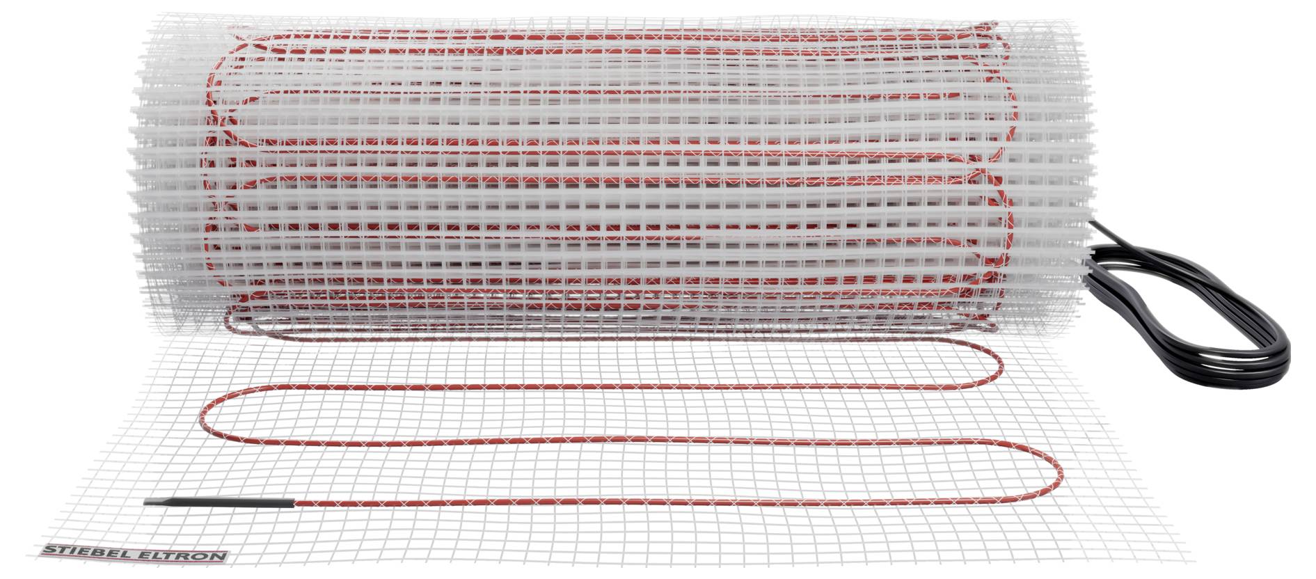 Heizmatte mit roten Spulen und schwarzem Kabel, konzipiert zur Verlegung unter Bodenbelägen, um Strahlungswärme bereitzustellen.