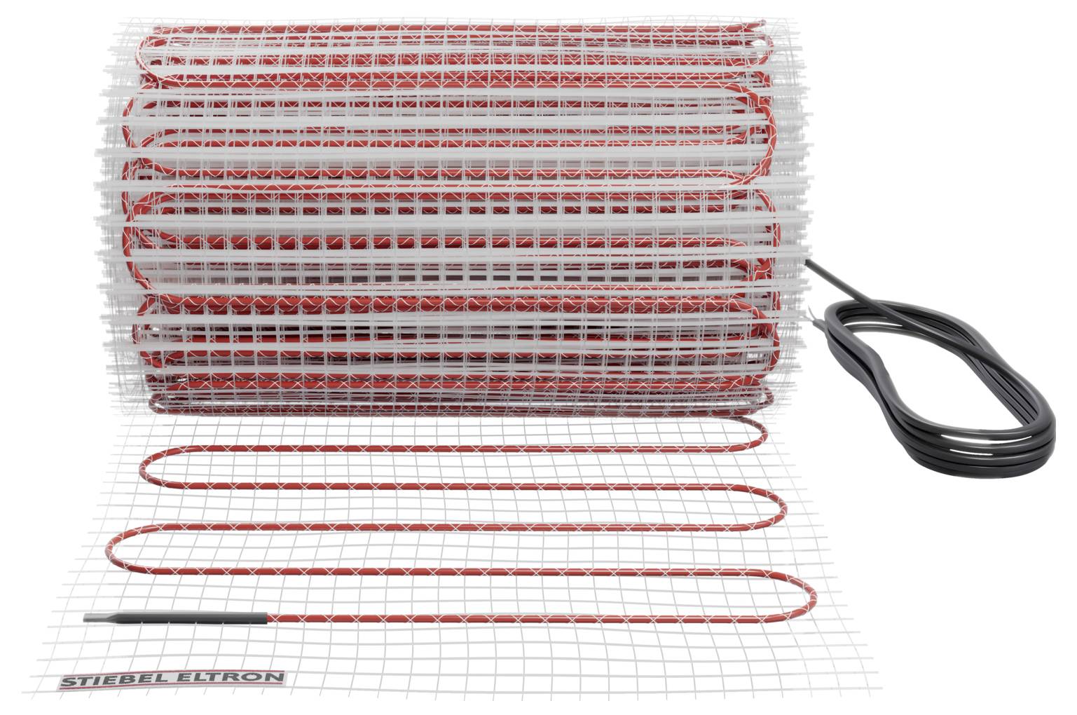 Heizmatte mit roten Kabeln und schwarzem Stromkabel, teilweise aufgerollt auf einem weißen Gitter.