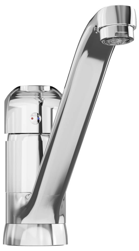 Ein glänzender metallischer Wasserhahn mit einem einzelnen Hebel, entwickelt für Küchen- oder Badezimmergebrauch, mit Temperaturkontrollmarkierungen an der Seite.