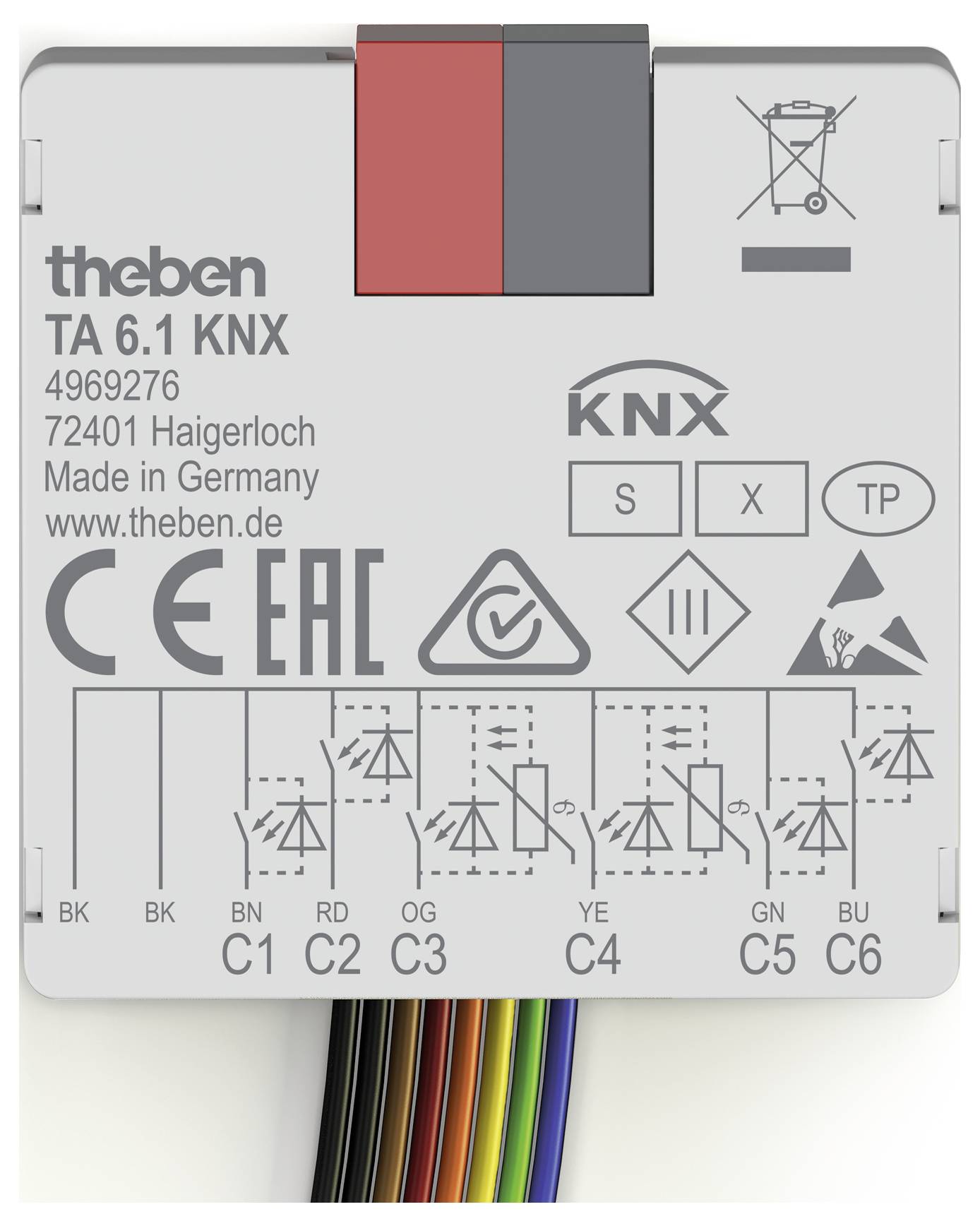 Ein weißes Gerätegehäuse mit der Bezeichnung „TA 6.1 KNX