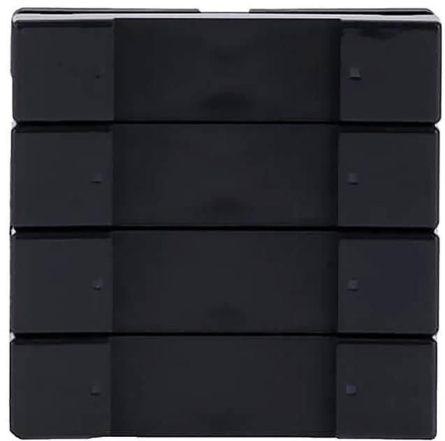 Ein Stapel aus vier schwarzen, rechteckigen, glänzenden Kunststoffbehältern mit glatten Oberflächen und kleinen quadratischen Details an den Kanten.