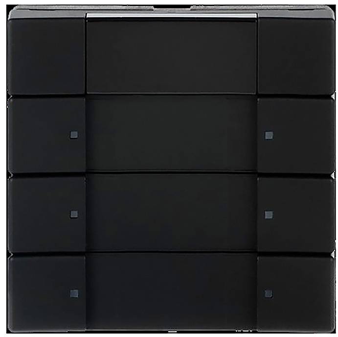 Ein schwarzer Würfel mit einem gitterartigen Muster auf seiner Oberfläche, das mehrere Quadrate und kleine quadratische Akzente aufweist, möglicherweise ein abstraktes Design oder Kunstwerk.