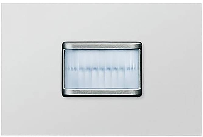 Ein metallischer rechteckiger Sensor mit mattiertem Glaszentrum auf hellgrauem Hintergrund.