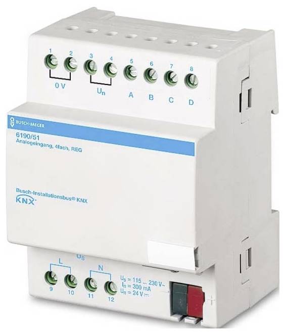 Ein weißes Busch-Jaeger KNX Analogeingabegerät mit mehreren Anschlussanschlüssen und beschrifteten Klemmleisten zur Verdrahtung.