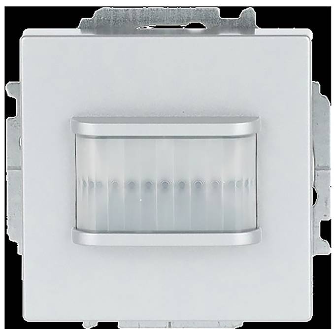 Ein rechteckiger, silberner Bewegungsmelderschalter mit einem zentralen, transluzenten gerippten Panel, das für die Wandinstallation konzipiert ist.