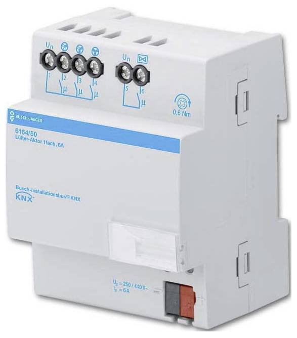 Ein KNX-Systembus-Aktor von Busch-Jaeger mit mehreren elektrischen Anschlussleisten, Modell '6164/50', zur Steuerung von Stromkreisen.