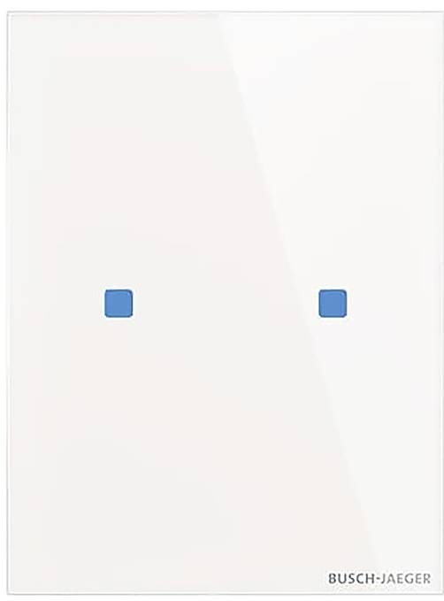 Ein weißes Lichtschalter-Panel mit zwei blauen berührungsempfindlichen Quadraten und 