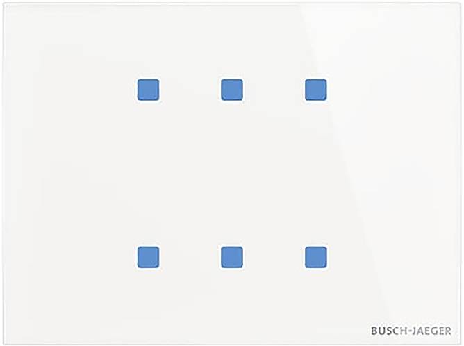 Ein weißes Bedienfeld mit sechs blauen quadratischen Touchschaltflächen, angeordnet in zwei Reihen zu je drei, mit dem Markennamen „BUSCH-JAEGER