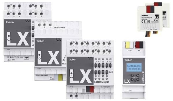 Industrielle Steuerungsmodule von Theben, die Beschriftungen und Anschlussanschlüsse anzeigen, einschließlich der LUXORliving-Modelle mit KNX-Technologie.