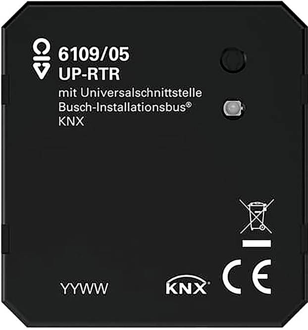 KNX-Gerät, Modell 6109/05, mit universeller Schnittstelle für Busch-Installationsbus. Schwarzes Gehäuse mit CE-Kennzeichnung und Warnsymbol.