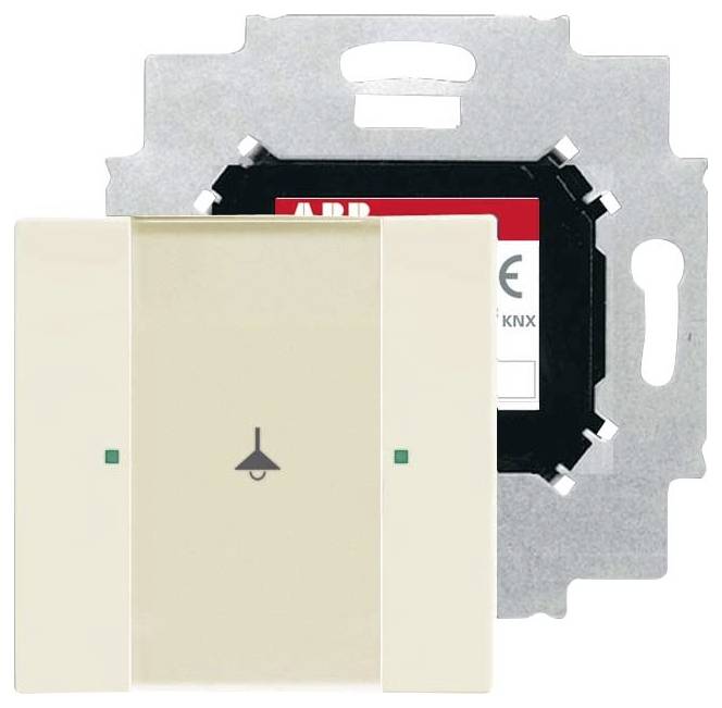 Lichtschalter mit Glockensymbol, das auf eine Türklingellfunktion hinweist. Er hat auf beiden Seiten zwei kleine Anzeigeleuchten.