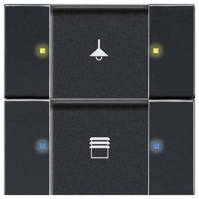 Ein Doppelschalter mit Symbolen: oben ist eine Deckenleuchte mit gelben Indikatoren dargestellt; unten sind Jalousien mit blauen Indikatoren zur Steuerung von Lichtern und Jalousien.