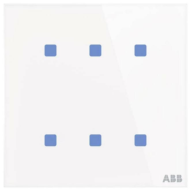 Ein weißes quadratisches Panel mit sechs gleichmäßig angeordneten blauen Tasten, die in zwei vertikalen Spalten angeordnet sind. Das Logo „ABB