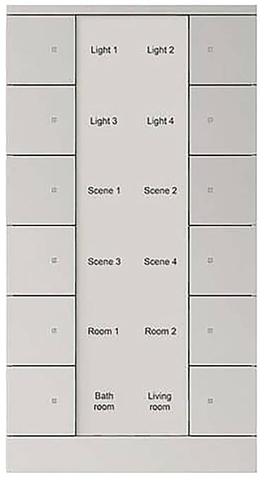 Ein Panel mit 12 Knöpfen, die in zwei Spalten angeordnet sind. Links: Licht 1, Licht 3, Szene 1, Szene 3, Raum 1, Badezimmer. Rechts: Licht 2, Licht 4, Szene 2, Szene 4, Raum 2, Wohnzimmer.