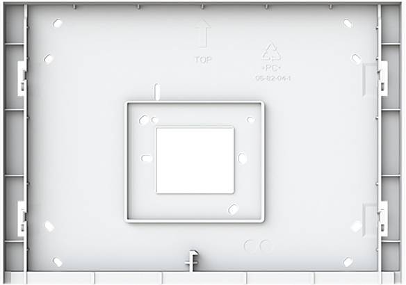 Ein weißer Kunststoffrahmen mit einem zentralen quadratischen Ausschnitt, umgeben von kleineren Löchern, Pfeilen und einem Recycling-Symbol, das die Ausrichtung und das Material anzeigt.