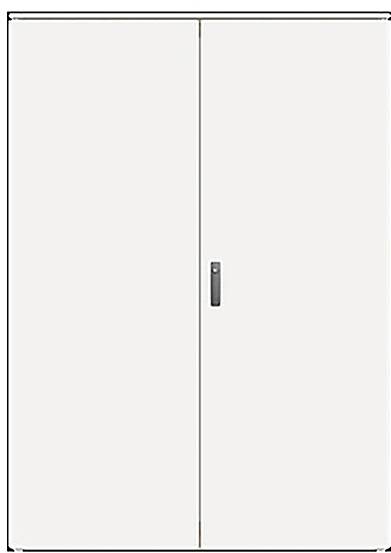 Ein hoher, geschlossener weißer Schrank mit zwei Türen und einem vertikalen Griff in der Mitte.