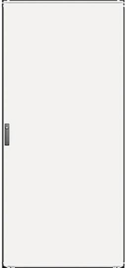 Eine hohe, schlichte weiße Tür mit einem vertikalen Griff auf der linken Seite, vor einem einfachen Hintergrund.