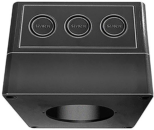 Ein schwarzes Kunststoffgehäuse mit drei markierten kreisförmigen Abschnitten oben, wahrscheinlich zur Montage von Schaltern oder Anzeigen, und einer großen Öffnung unten.