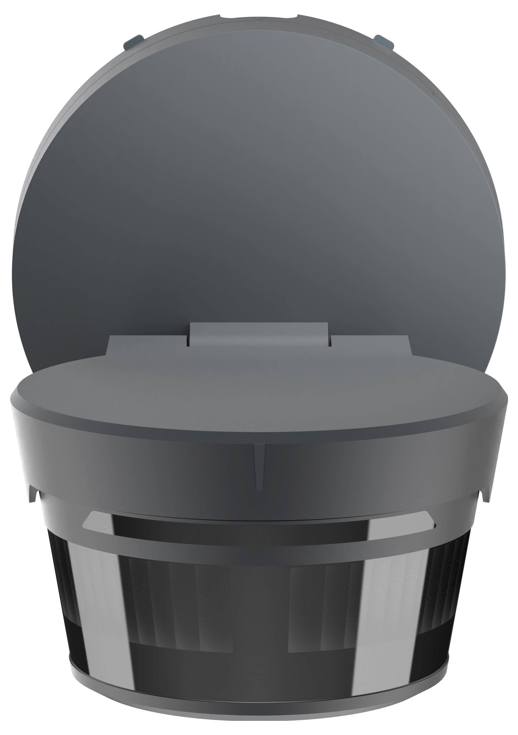 Ein dunkel gefärbter, runder Roboterstaubsauger mit flacher Oberseite und geöffnetem Deckel, vermutlich für automatisierte Reinigungsaufgaben konzipiert.