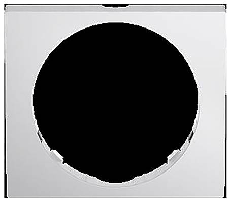 Ein quadratischer, silberfarbener Rahmen mit einer großen kreisförmigen Öffnung in der Mitte, möglicherweise zum Halten oder Montieren eines Geräts oder zum Abdecken.