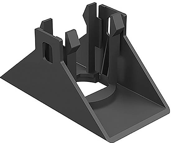 Ein schwarzes kunststoffförmiges keilförmiges Objekt mit einer kreisförmigen Aussparung in der Mitte, das abgewinkelte Seiten und vertikale Stützen mit offenen Schlitzen aufweist.