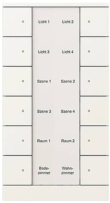Ein Bedienfeld mit Schaltflächen, die für Leuchten, Szenen und Räume beschriftet sind, einschließlich „Licht 1-4
