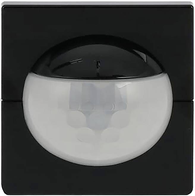 Ein schwarzer Bewegungsmelder mit einer halbkugelförmigen weißen Kuppel auf einer flachen schwarzen quadratischen Basis, der zur Erkennung von Bewegungen in seiner Umgebung verwendet wird.