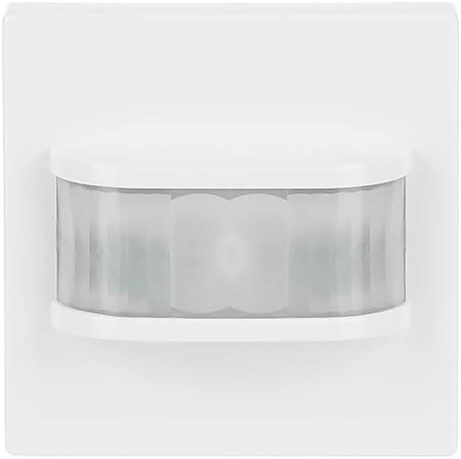 Ein wandmontierter Bewegungssensor mit weißem rechteckigem Rahmen, mit einer zentralen durchscheinenden Linse, die zur Erkennung von Bewegungen für Beleuchtungs- oder Sicherheitssysteme ausgelegt ist.