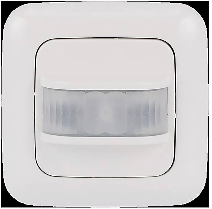 Ein weißer wandmontierter Bewegungsmelderschalter mit einem rechteckigen Sensorfeld in der Mitte, konzipiert für die automatische Lichtaktivierung.