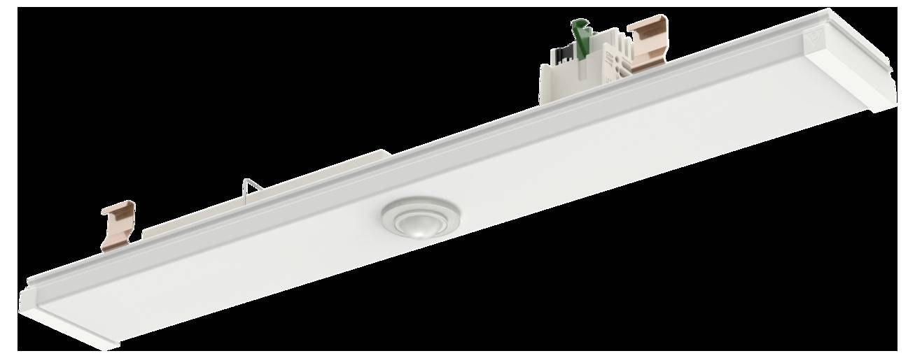 Rechteckige LED-Deckenleuchte mit elegantes Design mit Kupfersteckern und grünen Komponenten auf der Oberseite.