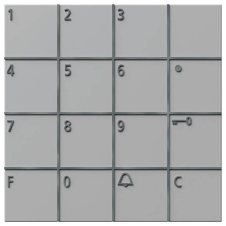 Ein graues Tastenfeld mit einem 4x4-Gitter, Zahlen 1-9, Buchstaben F und C, ein Punkt, ein Glockensymbol und ein Schlüsselsymbol.