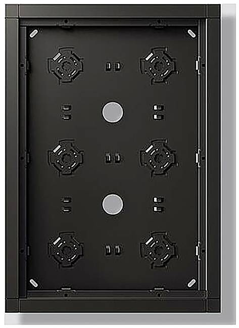 Ein schwarzes rechteckiges LED-Anzeigefeld-Rahmen mit mehreren kreisförmigen Halterungen und Anschlüssen für einfache Einrichtung und Wartung.