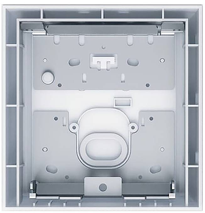 Eine rechteckige Metallbefestigungshalterung mit vier Löchern, entworfen zum Halten eines zylindrischen Objekts, dargestellt von oben und von der Seite.