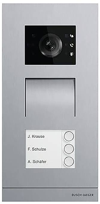 Türklingel-Gegensprechanlage mit Kamera, Lautsprecher und drei beschrifteten Tasten für „J. Krause