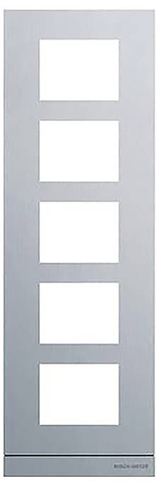 Eine moderne Innentür mit grauem Rahmen verfügt über fünf quadratische Glaspaneele, die vertikal angeordnet sind und das Licht durchlassen.